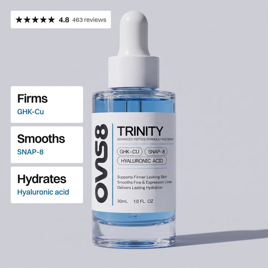TRINITY peptide face serum bottle. Firms with GHK-Cu, smooths with SNAP-8, hydrates with hyaluronic acid.