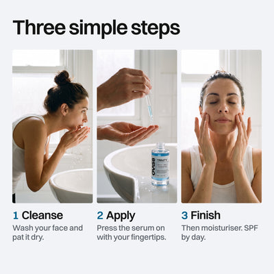 How to use TRINITY in three steps: cleanse, apply, finish with moisturiser.